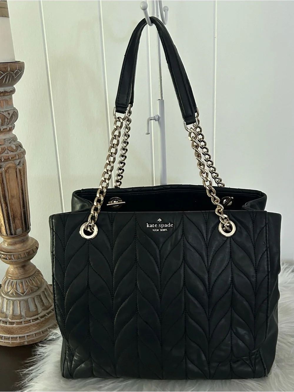 Kate Spade Black Quilted Leather Chain Shoulder Tote Bag Work Laptop bag